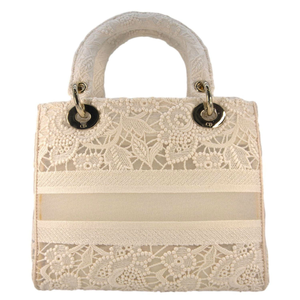 Christian Dior Lady Dior D-Lite Embroidered Canvas Shoulder Bag White
