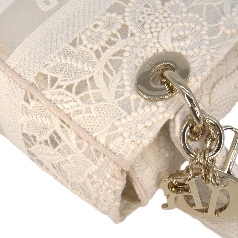 Christian Dior Lady Dior D-Lite Embroidered Canvas Shoulder Bag White
