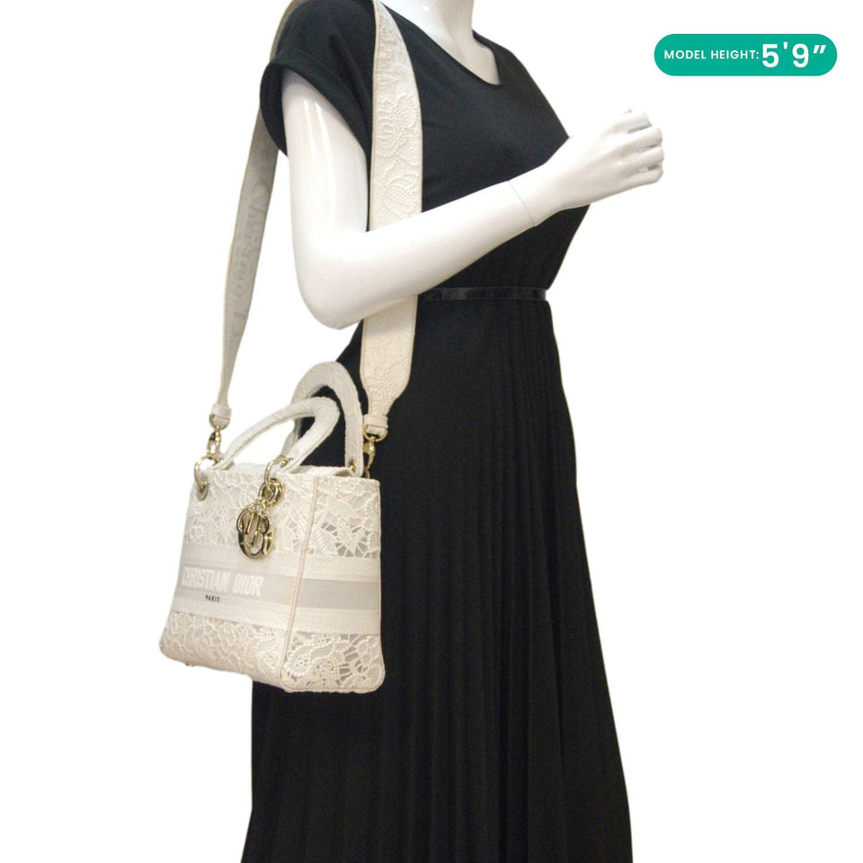 Christian Dior Lady Dior D-Lite Embroidered Canvas Shoulder Bag White