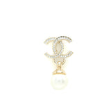 Chanel 22K CC Logo Drop Earrings Crystal/Pearl Light Gold Tone