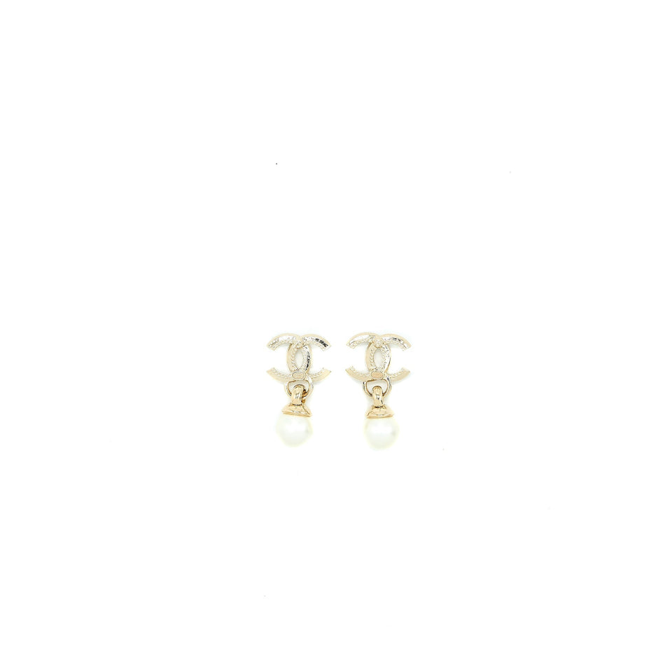 Chanel 22K CC Logo Drop Earrings Crystal/Pearl Light Gold Tone