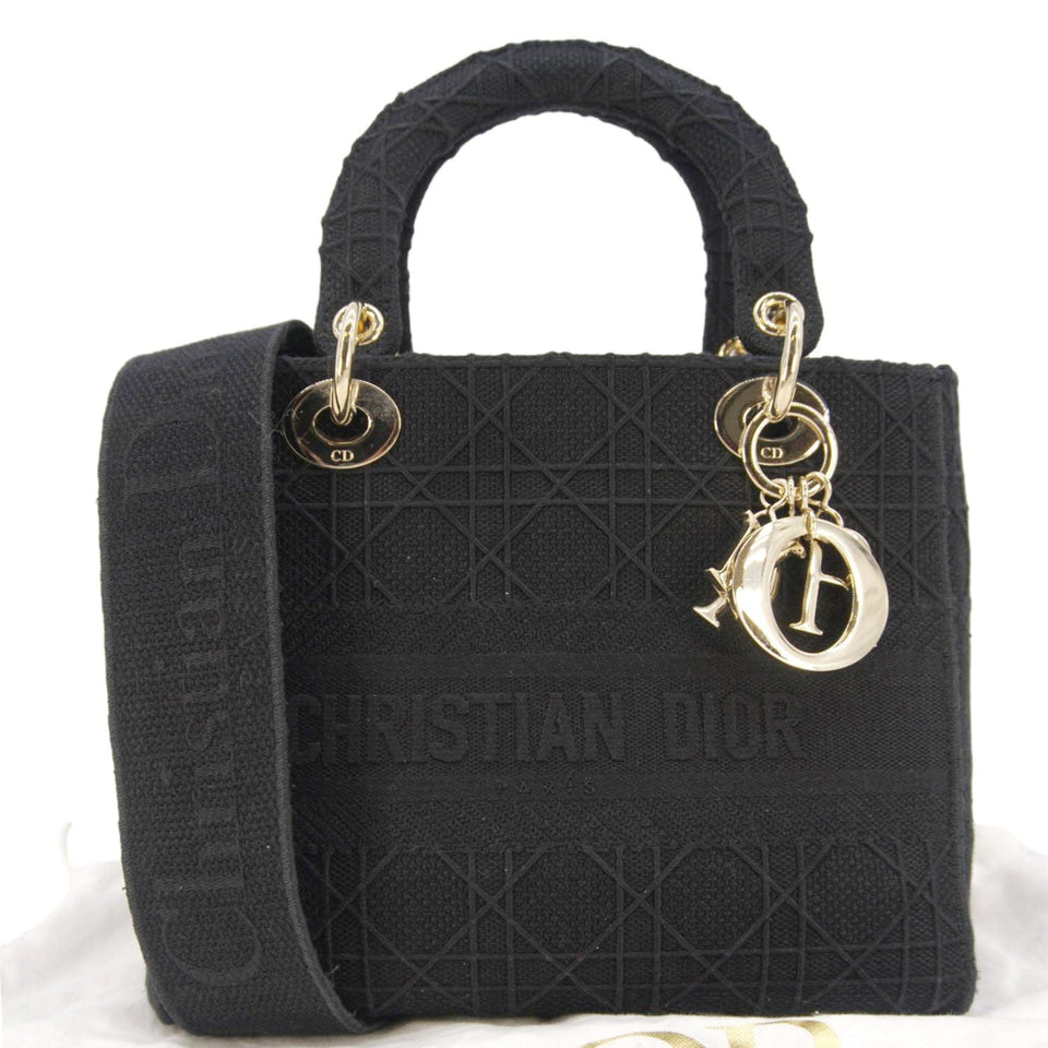 Christian Dior Lady Dior D-Lite Embroidered Canvas Shoulder Bag Black