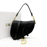 Christian Dior Saddle Grained Calfskin Leather Satchel Shoulder Bag Black