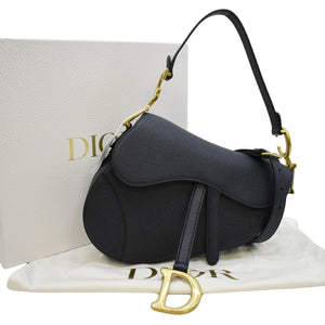 Christian Dior Saddle Grained Calfskin Leather Satchel Shoulder Bag Navy Blue