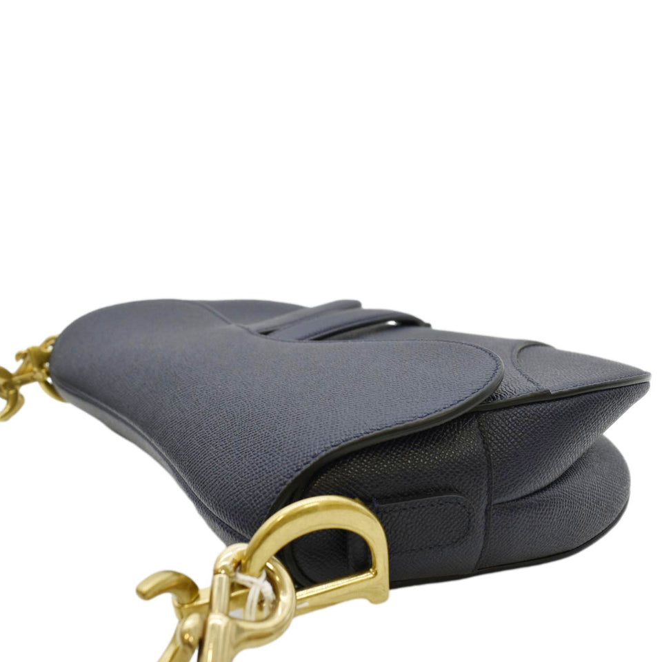 Christian Dior Saddle Grained Calfskin Leather Satchel Shoulder Bag Navy Blue