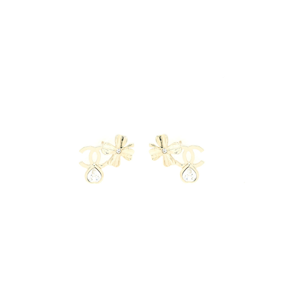 Chanel 22S CC Logo And Clover Earrings Light Gold Tone