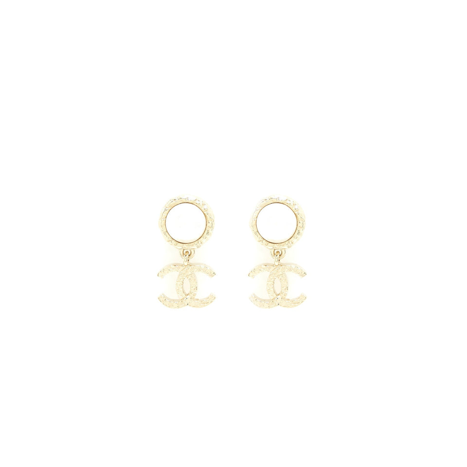 Chanel Pearl And CC Logo Drop Earrings Light Gold Tone