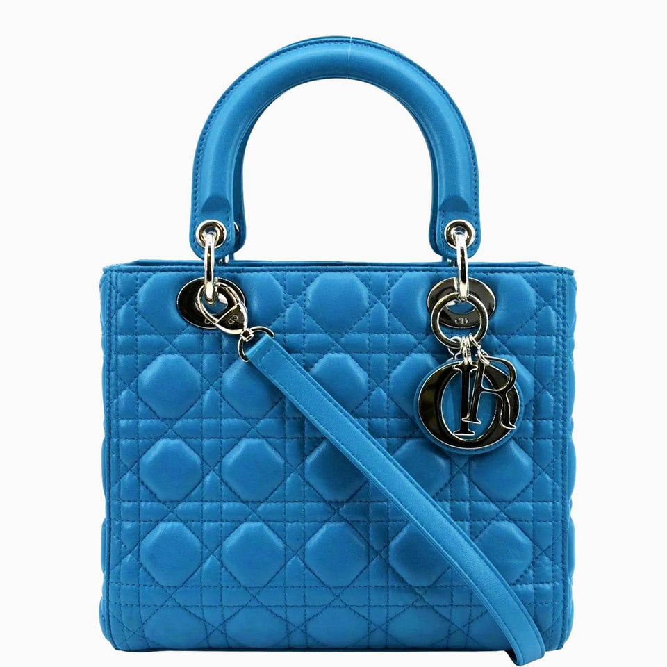 Christian Dior Medium Lady Dior Cannage Lambskin Leather Shoulder Bag Blue