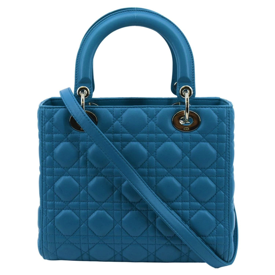 Christian Dior Medium Lady Dior Cannage Lambskin Leather Shoulder Bag Blue
