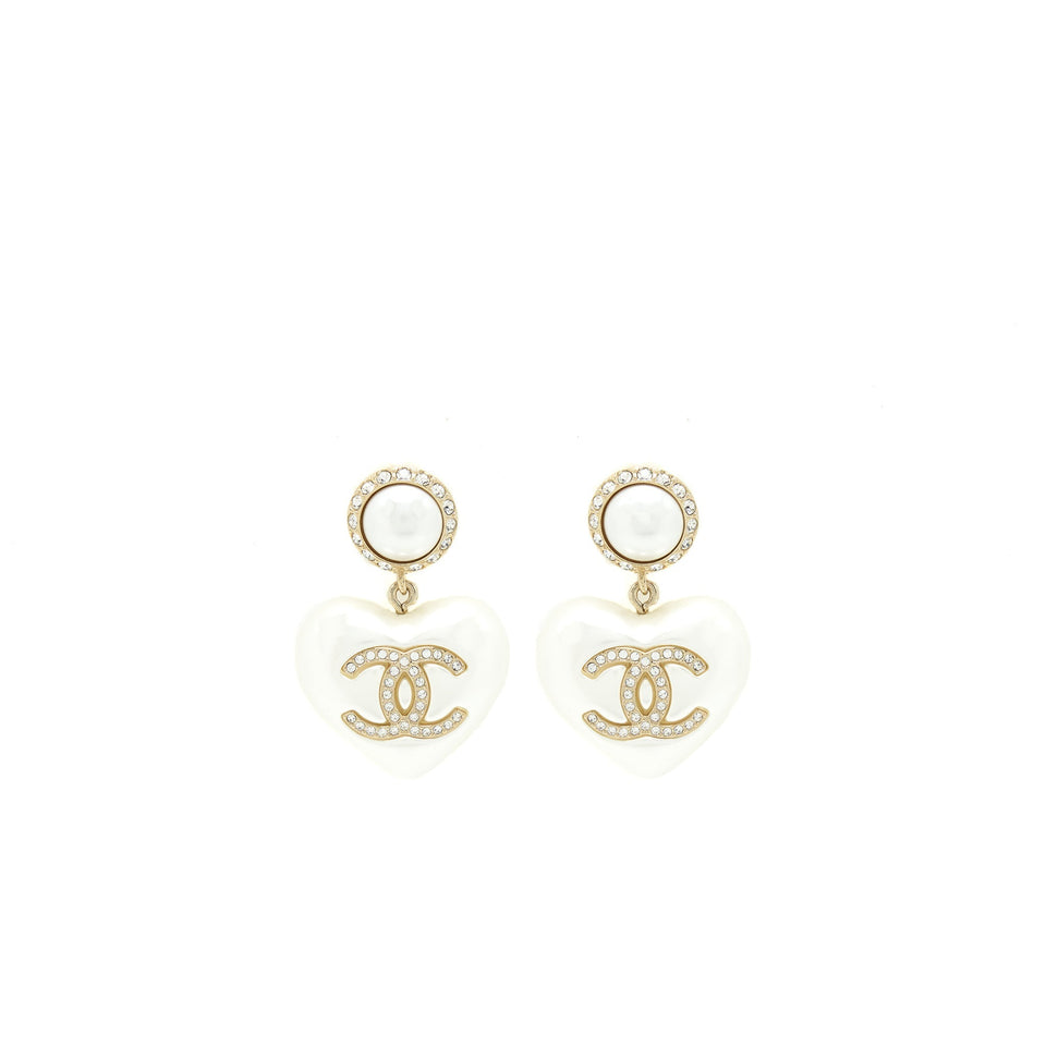 Chanel Heart Pearl Crystals CC Logo Earrings L