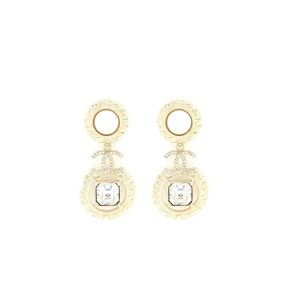 Chanel CC Logo With Pearls And Square Crystals Earrings L