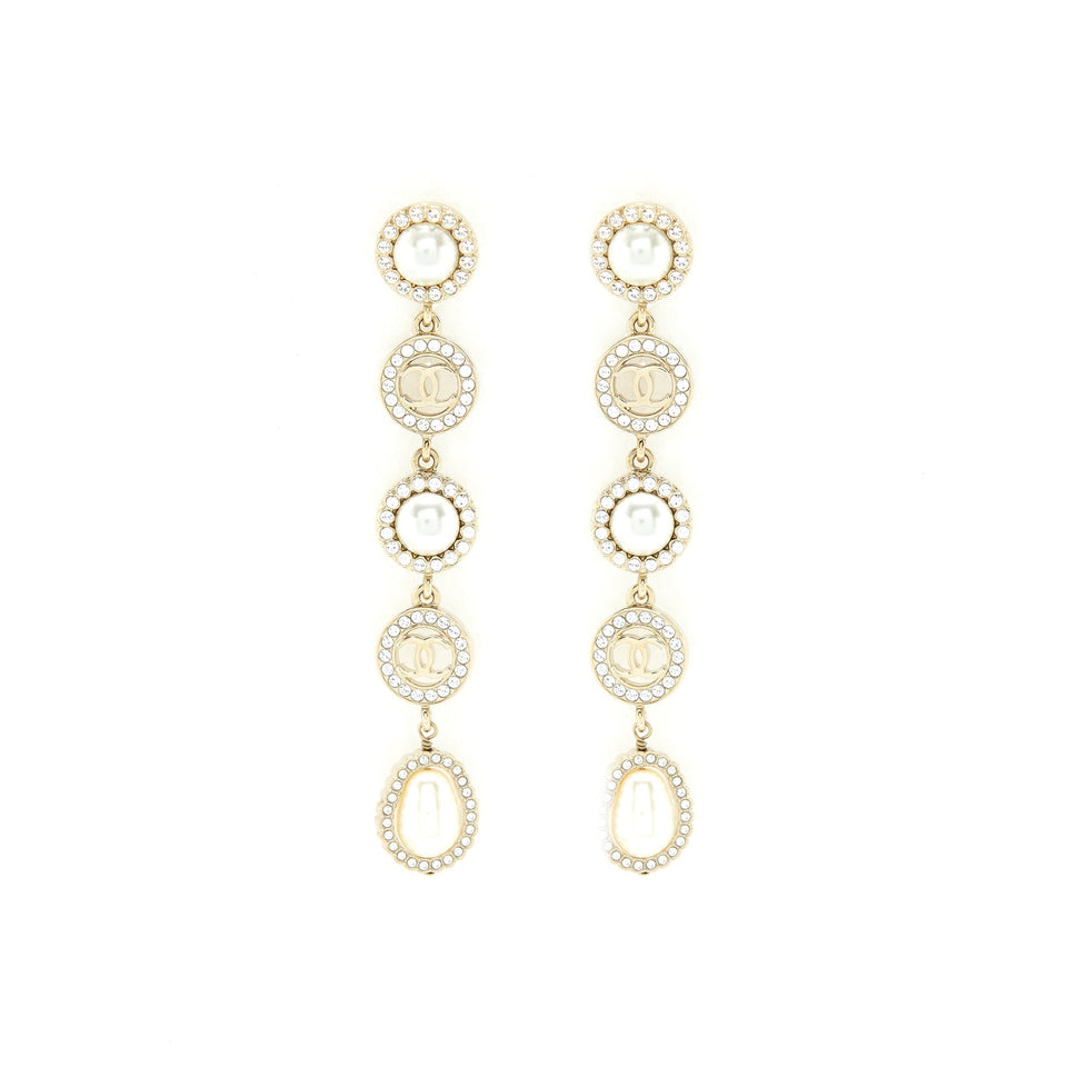 Chanel Crystals CC Logo And Pearls Round Drop Earrings L