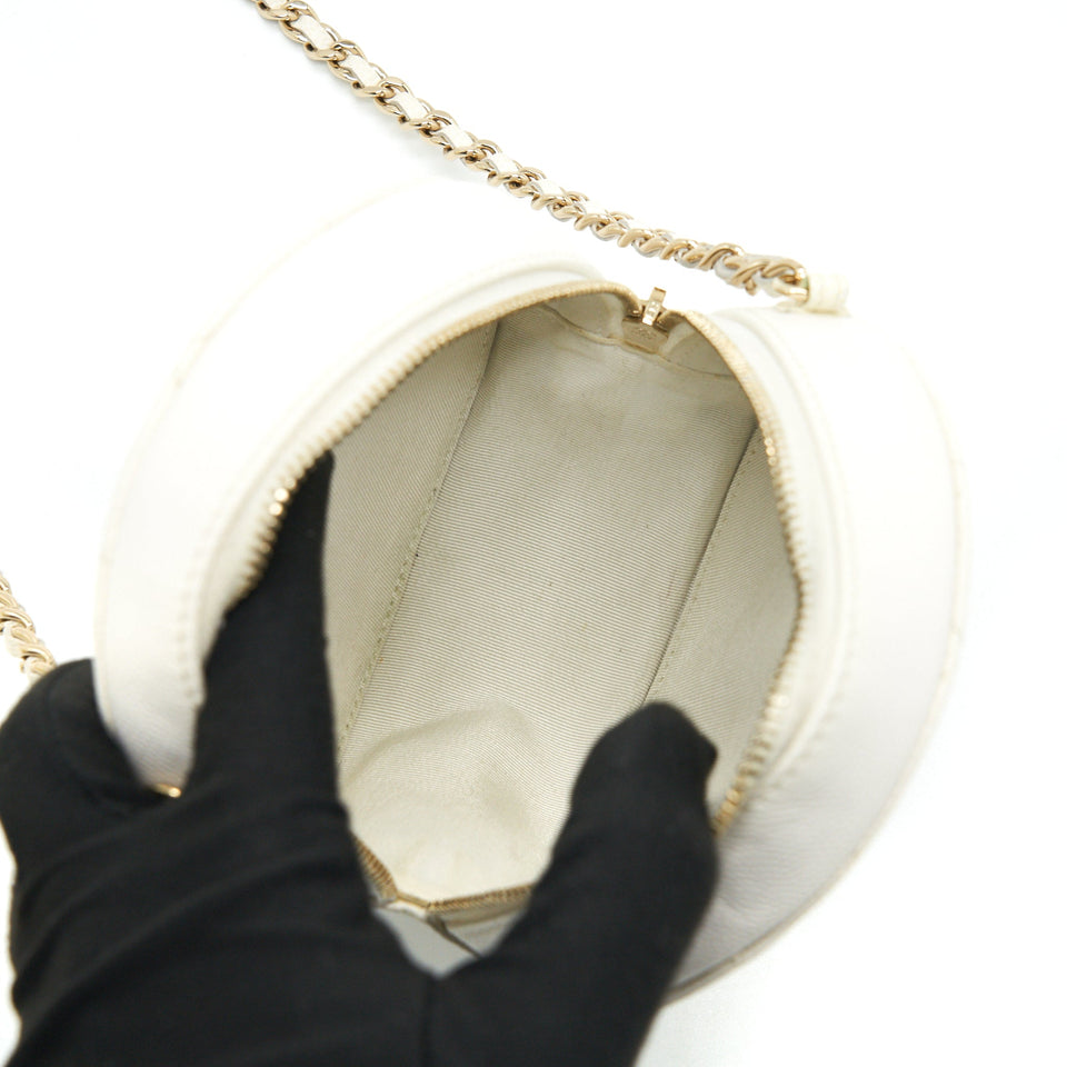 Chanel mini round Bag with Chain Caviar White L