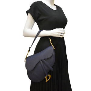 Christian Dior Saddle Grained Calfskin Leather Satchel Shoulder Bag Navy Blue