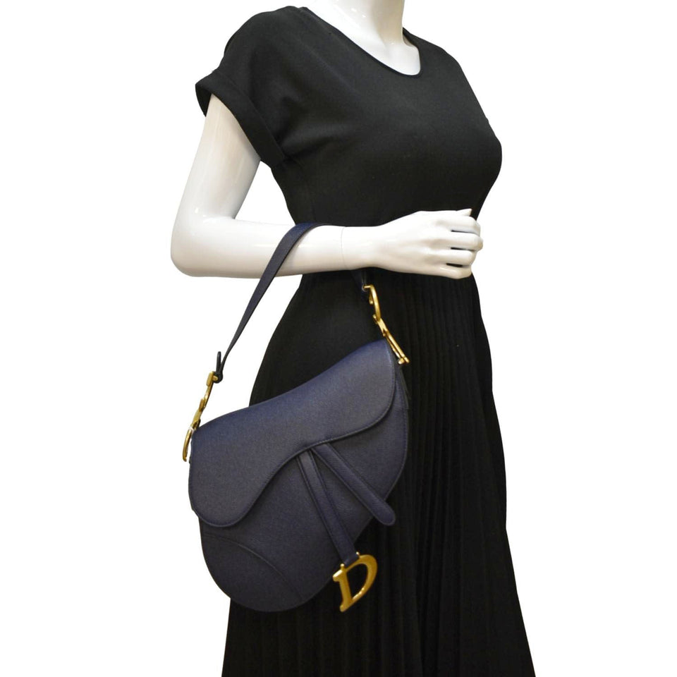 Christian Dior Saddle Grained Calfskin Leather Satchel Shoulder Bag Navy Blue