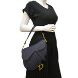 Christian Dior Saddle Grained Calfskin Leather Satchel Shoulder Bag Navy Blue