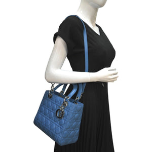 Christian Dior Medium Lady Dior Cannage Lambskin Leather Shoulder Bag Blue