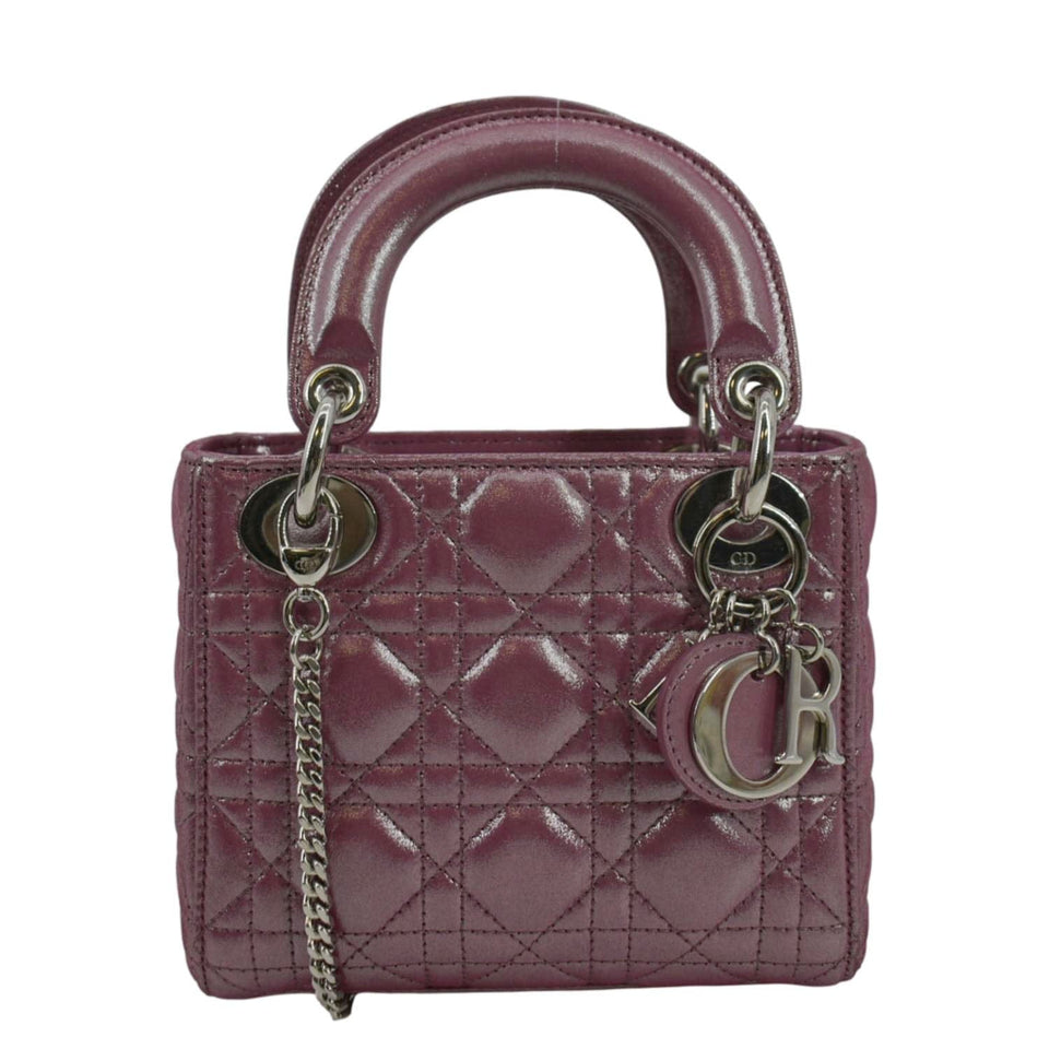 Christian Dior Mini Lady Dior Pearlescent Cannage Lambskin Shoulder Bag Dark Pink