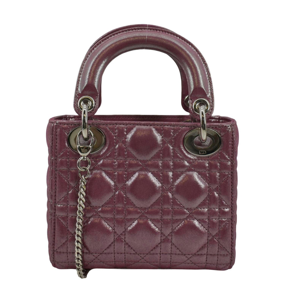 Christian Dior Mini Lady Dior Pearlescent Cannage Lambskin Shoulder Bag Dark Pink