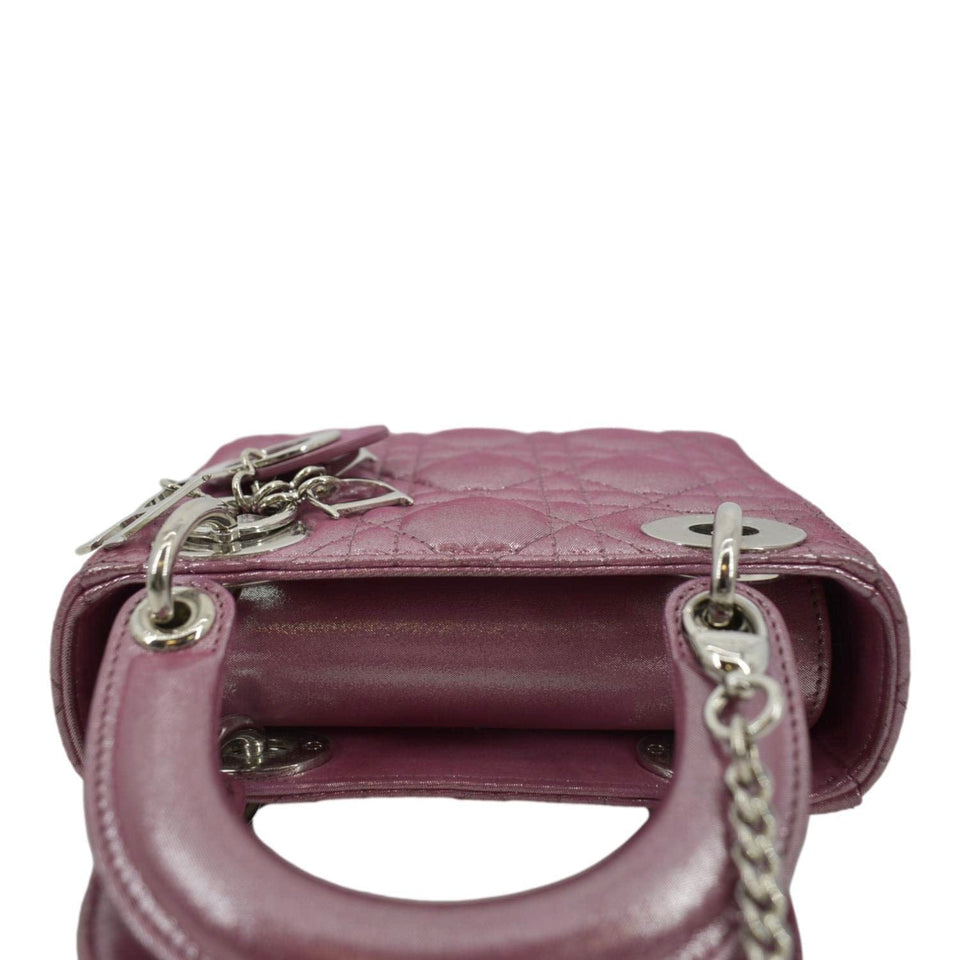 Christian Dior Mini Lady Dior Pearlescent Cannage Lambskin Shoulder Bag Dark Pink