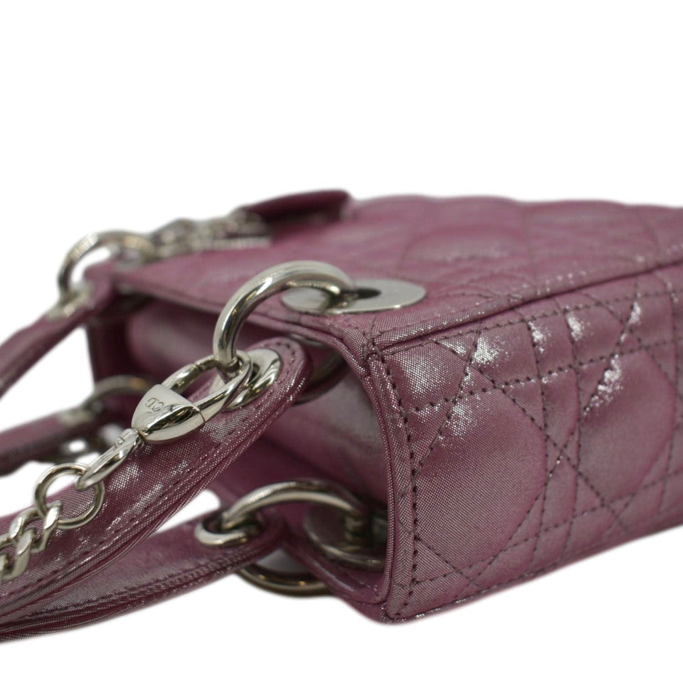 Christian Dior Mini Lady Dior Pearlescent Cannage Lambskin Shoulder Bag Dark Pink