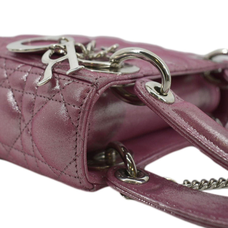 Christian Dior Mini Lady Dior Pearlescent Cannage Lambskin Shoulder Bag Dark Pink