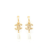 Chanel CC Pearl Drop Earrings Gold Tone