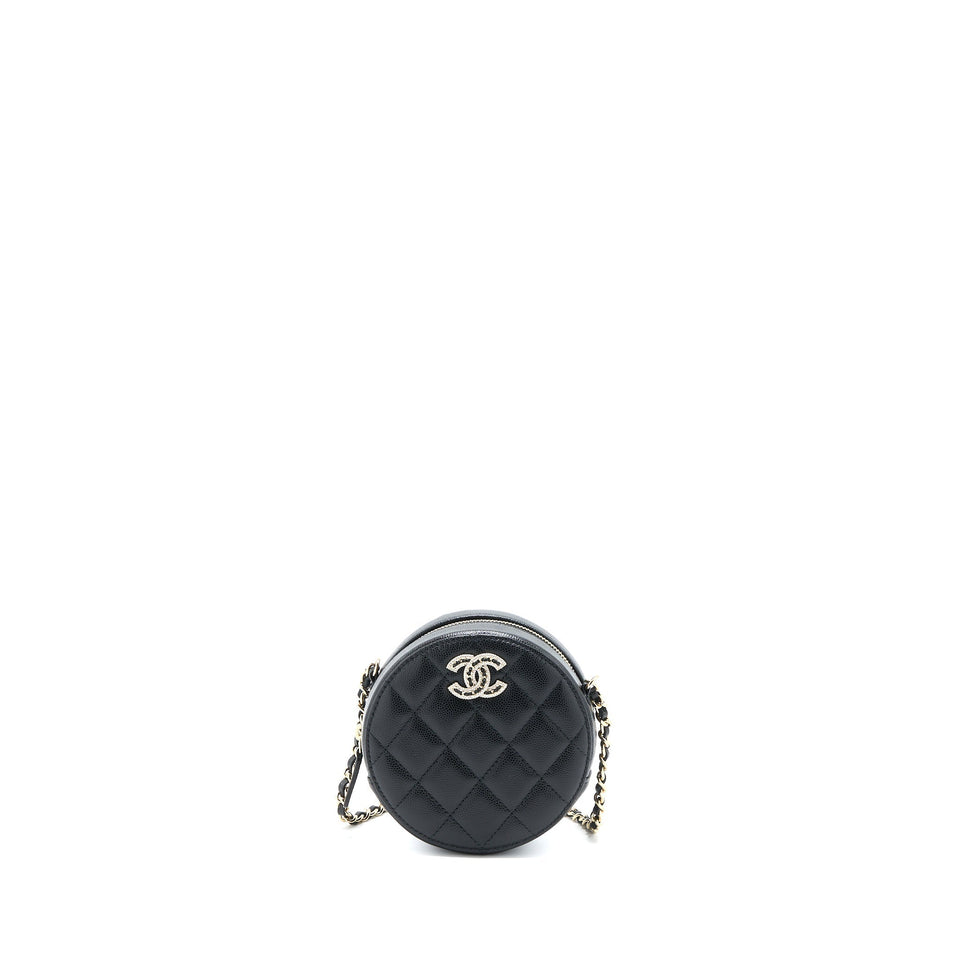Chanel Crystal CC Logo Round Clutch with Chain Caviar Black L