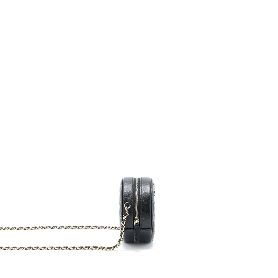 Chanel Crystal CC Logo Round Clutch with Chain Caviar Black L