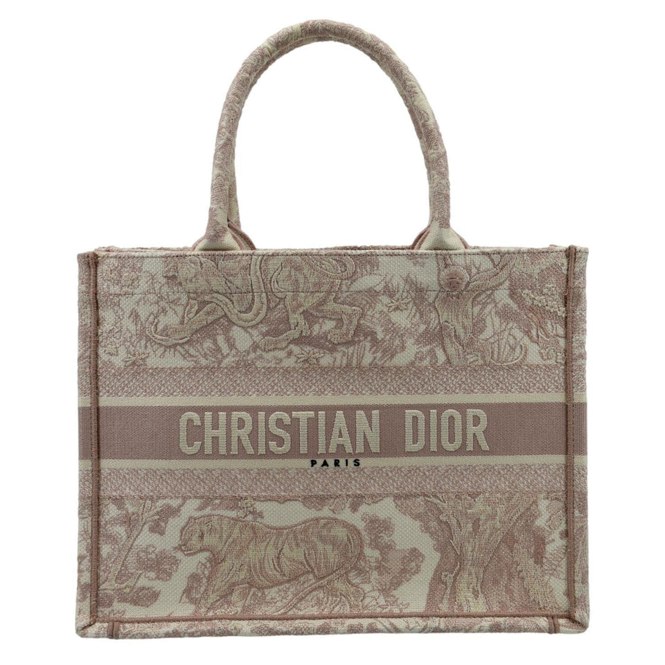 Christian Dior Book Toile de Jouy Motif Embroidery Canvas Tote Bag Pink