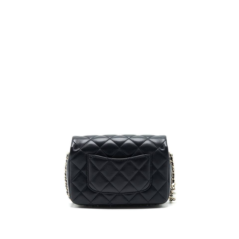 Chanel Pearl Chain Flap Bag Quilted Grained Lambskin Black L