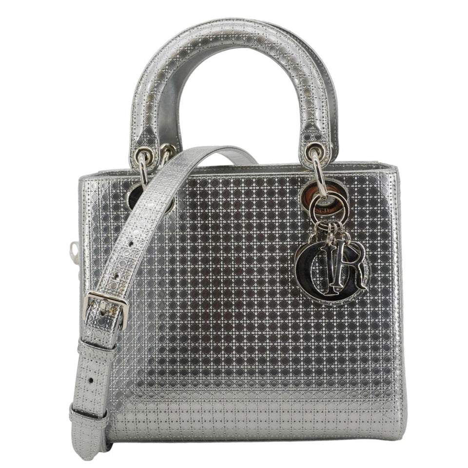 Christian Dior Lady Dior Medium Leather Shoulder Bag Metallic Silver