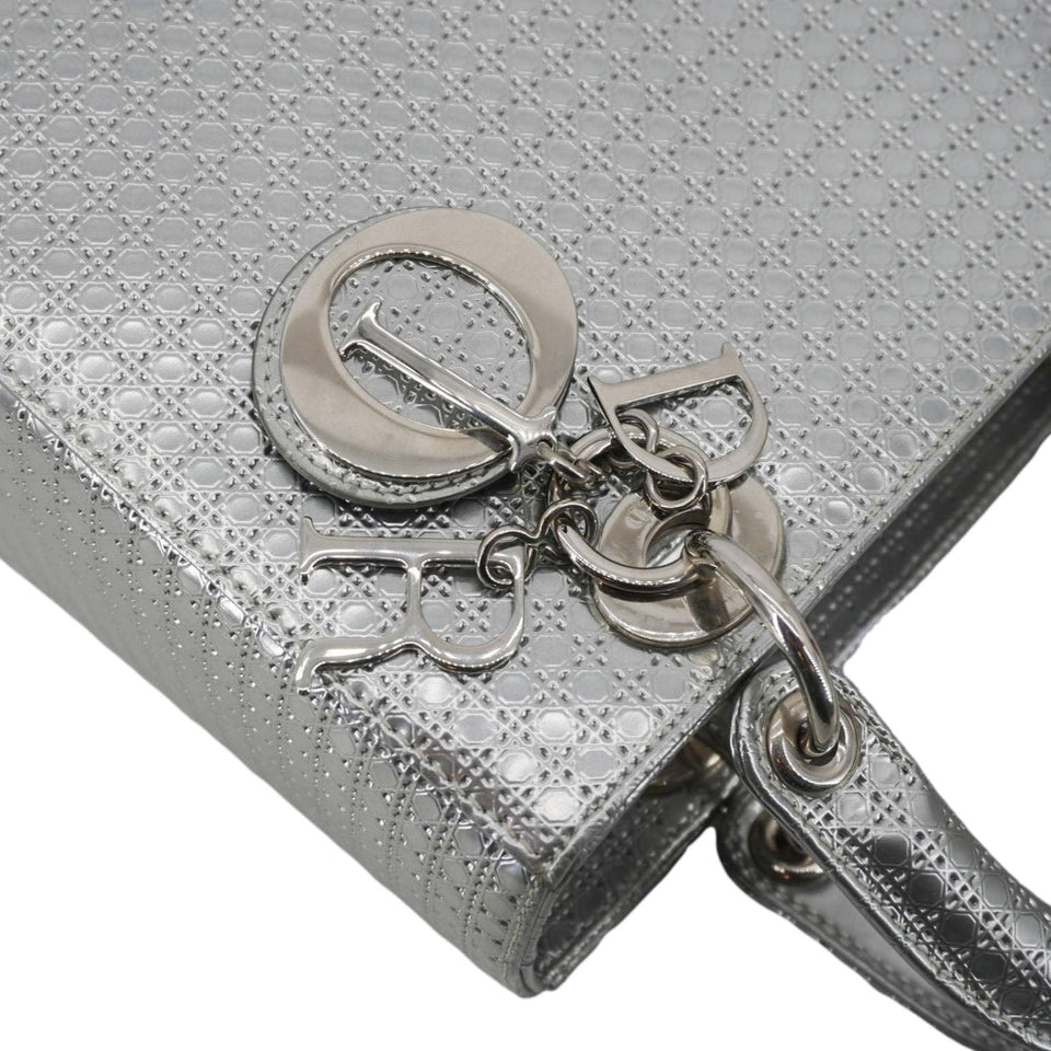 Christian Dior Lady Dior Medium Leather Shoulder Bag Metallic Silver