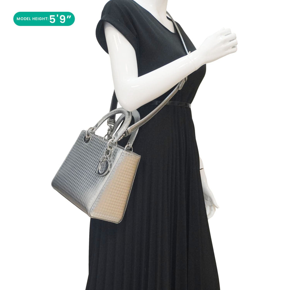 Christian Dior Lady Dior Medium Leather Shoulder Bag Metallic Silver