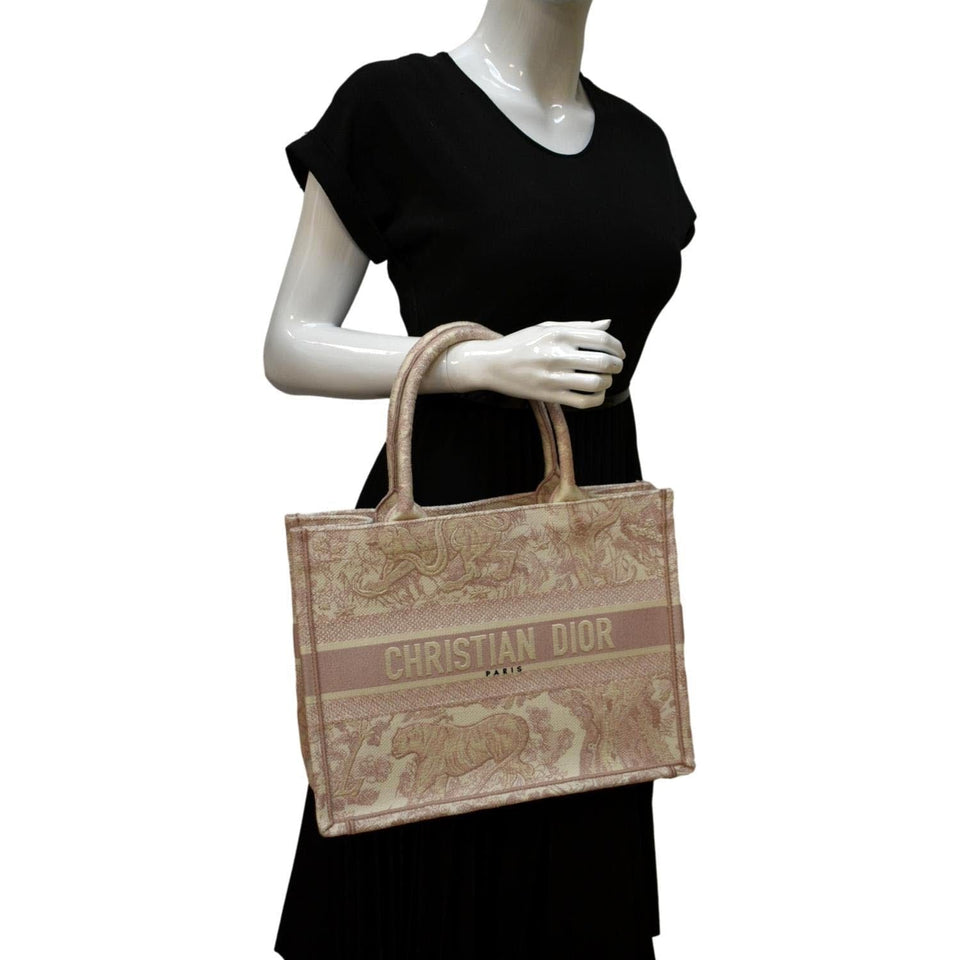 Christian Dior Book Toile de Jouy Motif Embroidery Canvas Tote Bag Pink