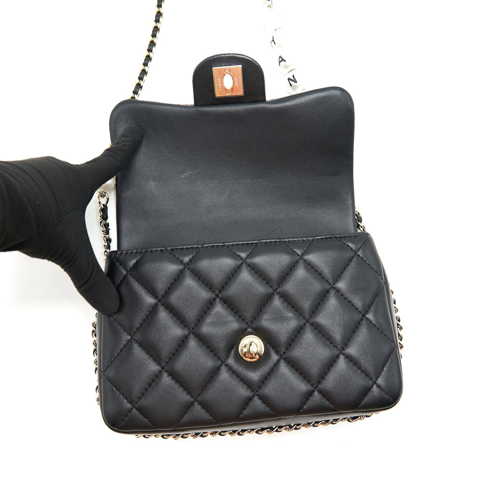 Chanel Pearl Chain Flap Bag Quilted Grained Lambskin Black L