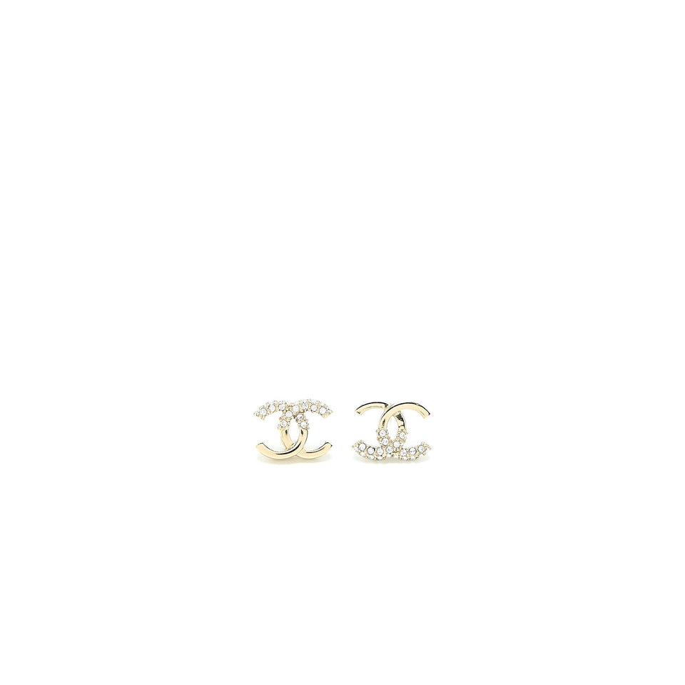 Chanel CC Logo Earrings Crystal Light Gold Tone