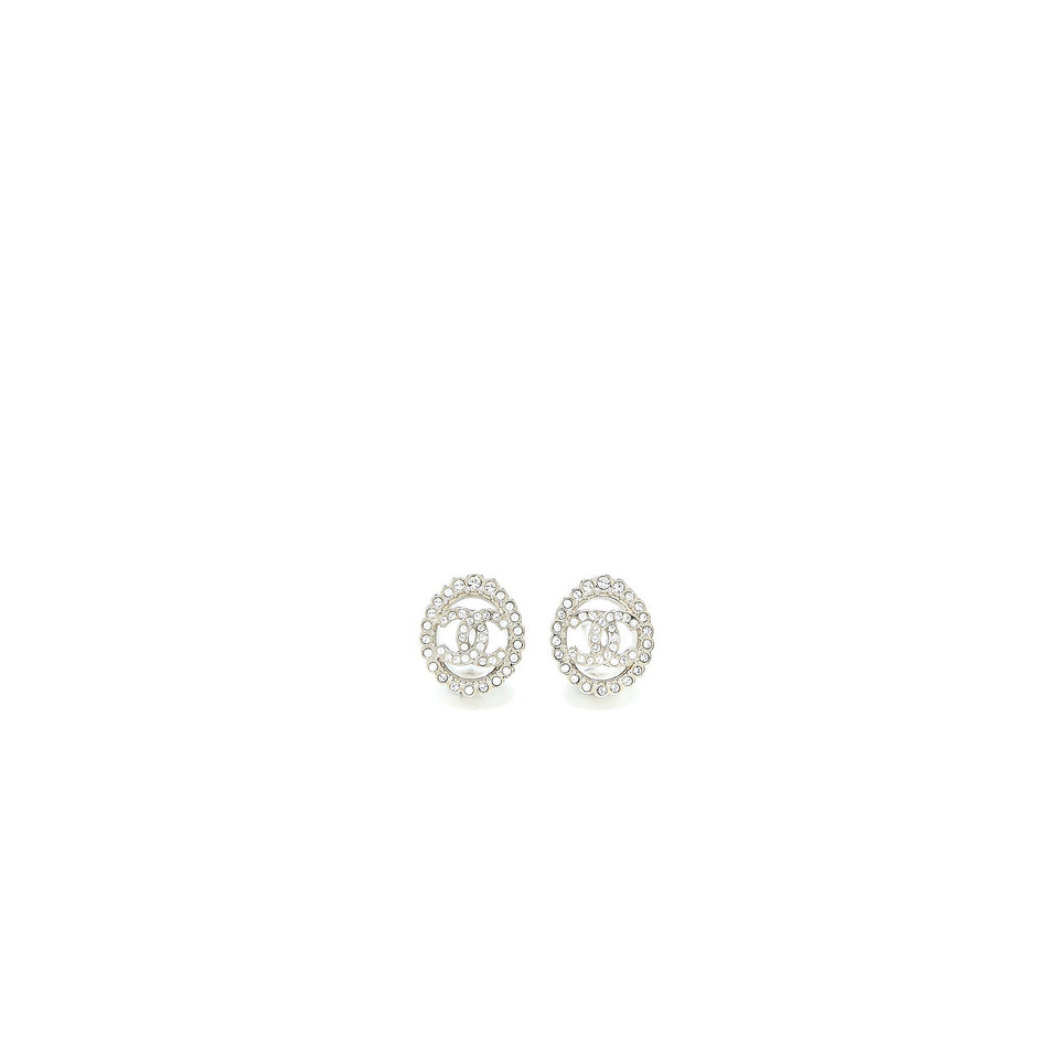 Chanel Round CC Logo Earrings Crystal Silver Tone
