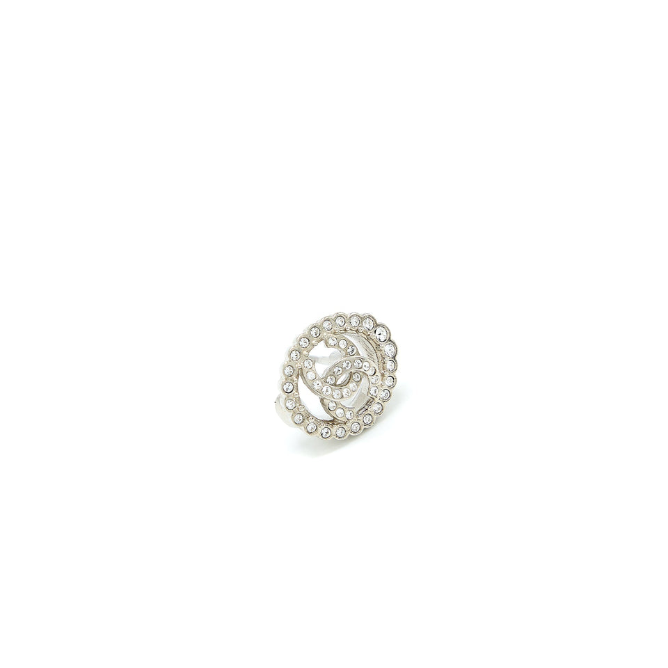 Chanel Round CC Logo Earrings Crystal Silver Tone