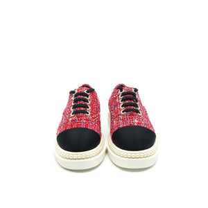 Chanel Size 36.5 Tweed Lace-Up Pearls Flats Shoes
