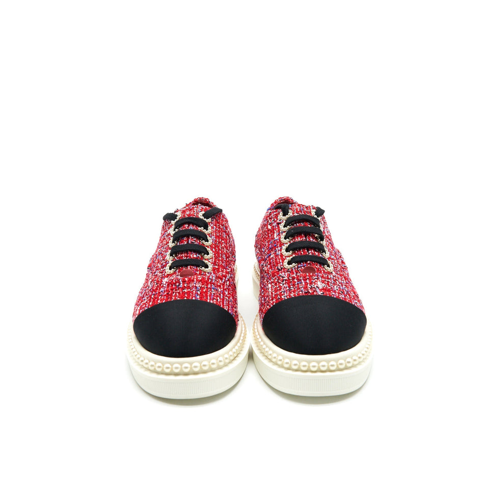 Chanel Size 36.5 Tweed Lace-Up Pearls Flats Shoes