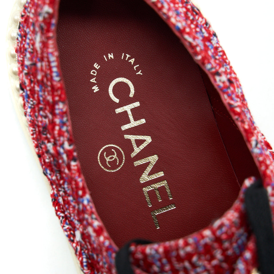 Chanel Size 36.5 Tweed Lace-Up Pearls Flats Shoes