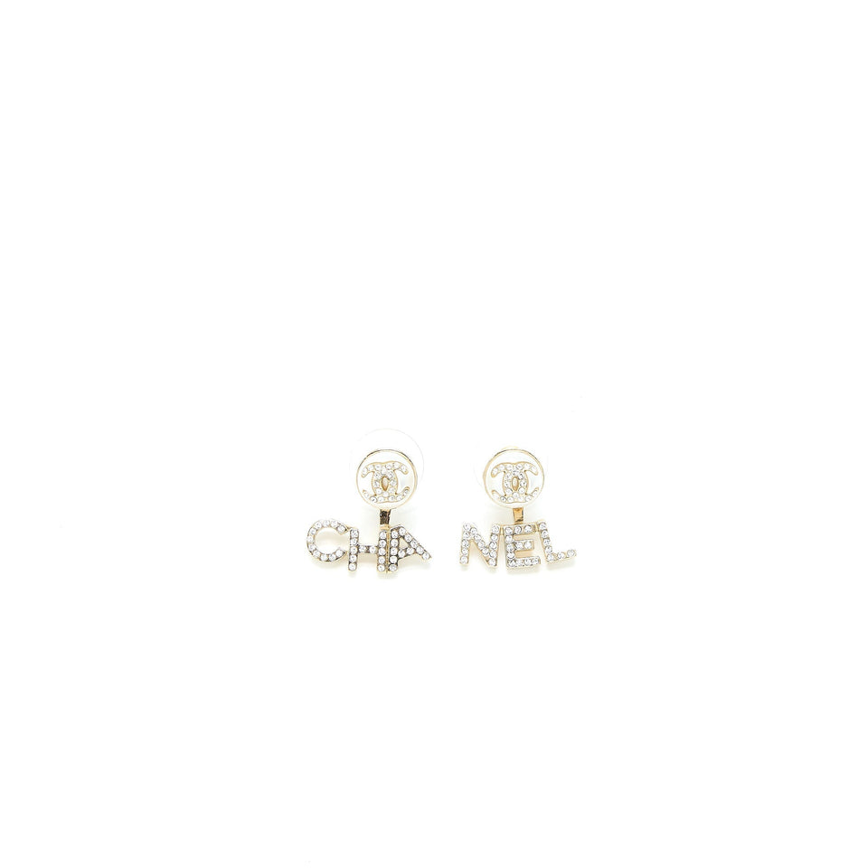 Chanel Letter CC/Logo Earrings Crystal Light Gold Tone