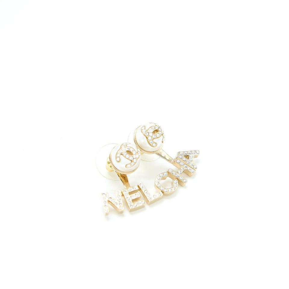 Chanel Letter CC/Logo Earrings Crystal Light Gold Tone