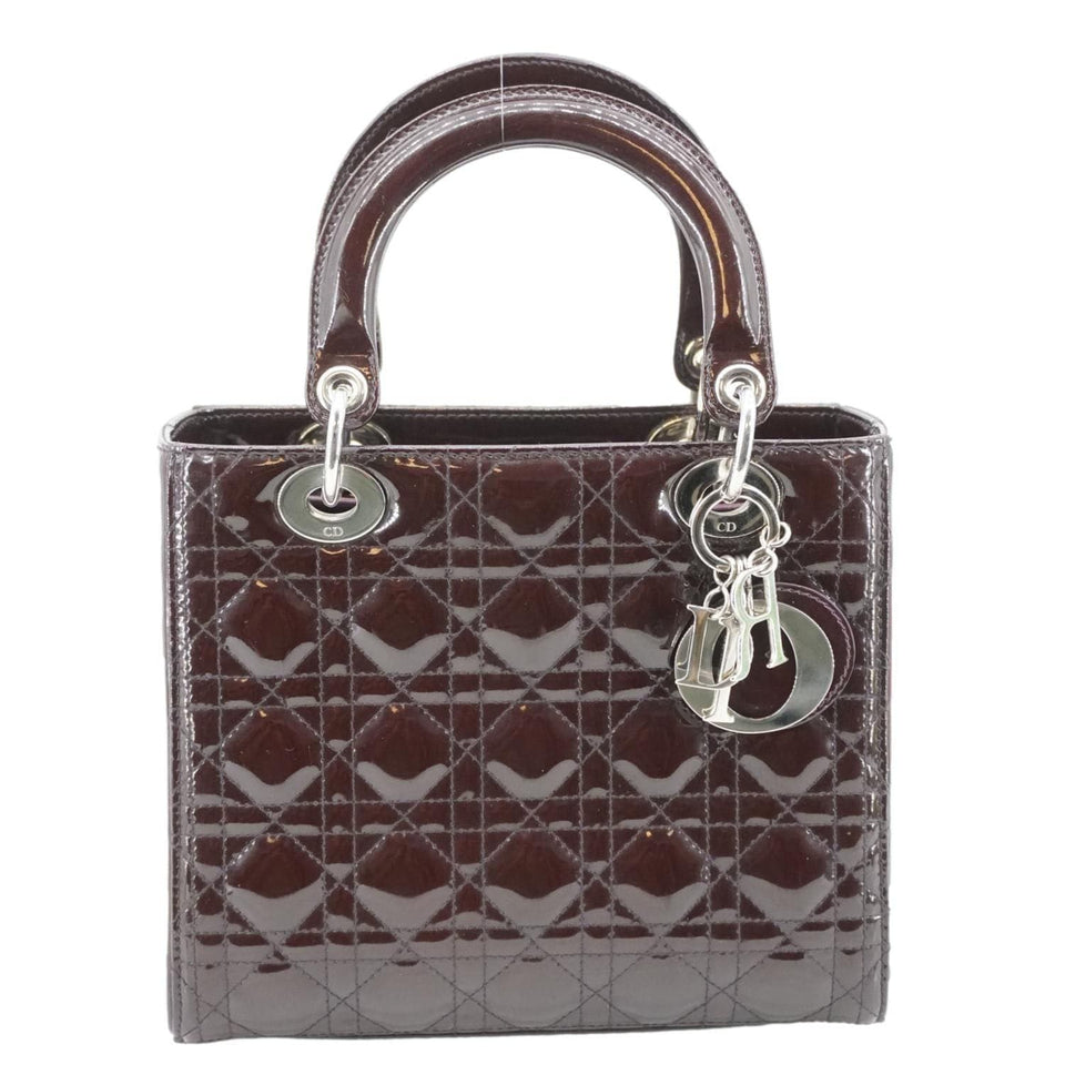 Christian Dior Lady Dior Quilted Patent Leather Shoulder Bag Burgundy