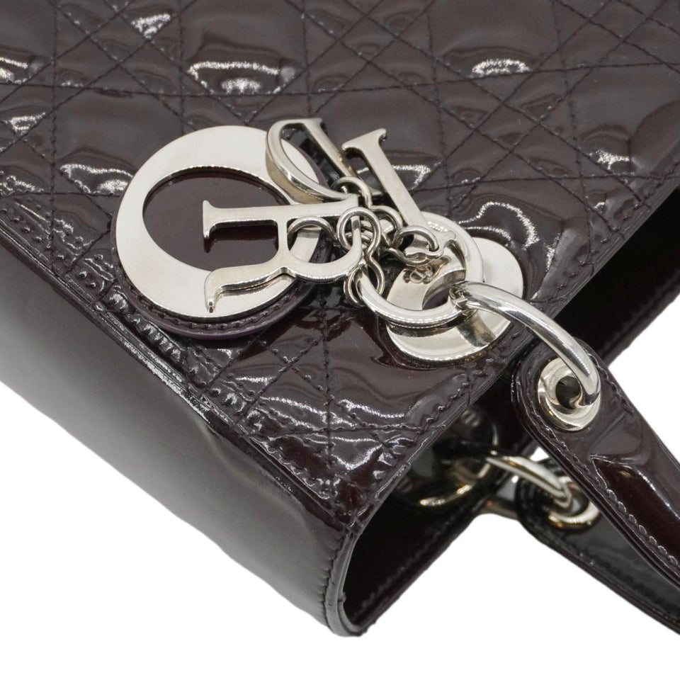 Christian Dior Lady Dior Quilted Patent Leather Shoulder Bag Burgundy