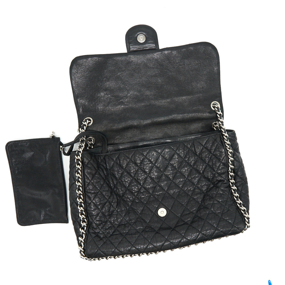 Chanel Quilted Leather With Chain Shoulder Bag XL Black