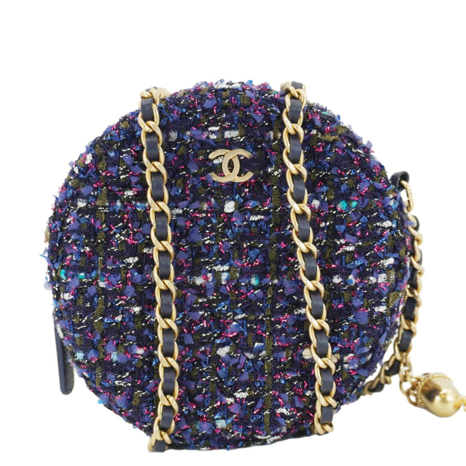 Chanel Round Tweed Chain Clutch Crossbody Bag Blue