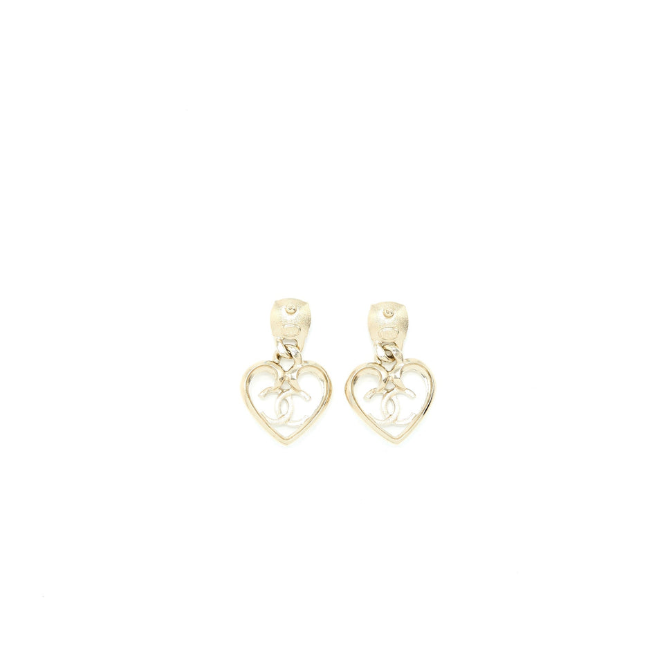 Chanel Logo Heart Drop Earrings Crystal Light Gold Tone