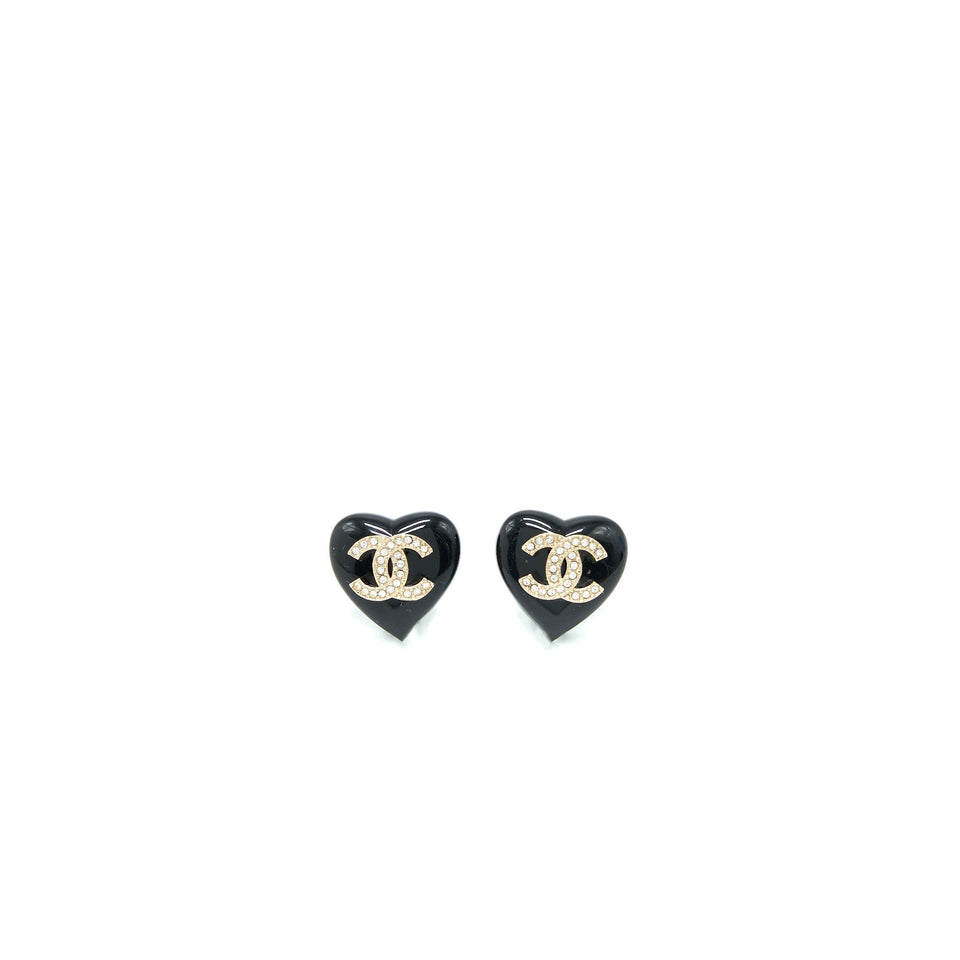 Chanel Heart Shape CC Logo Earrings Crystal Black Light Gold Tone